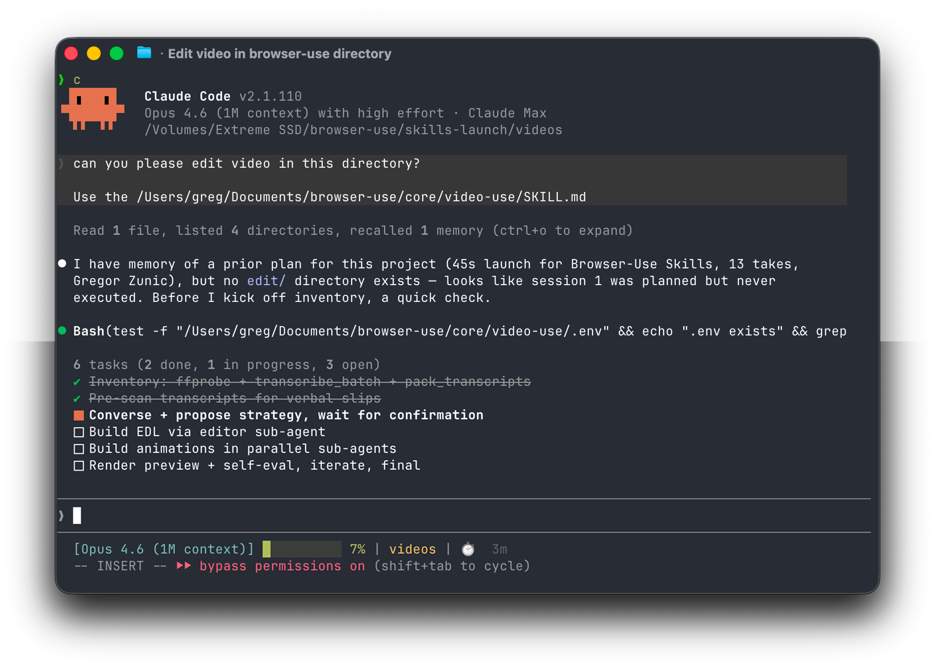 Claude Code editing a folder of raw takes with video-use: inventory, transcript scan, strategy, then render and self-check